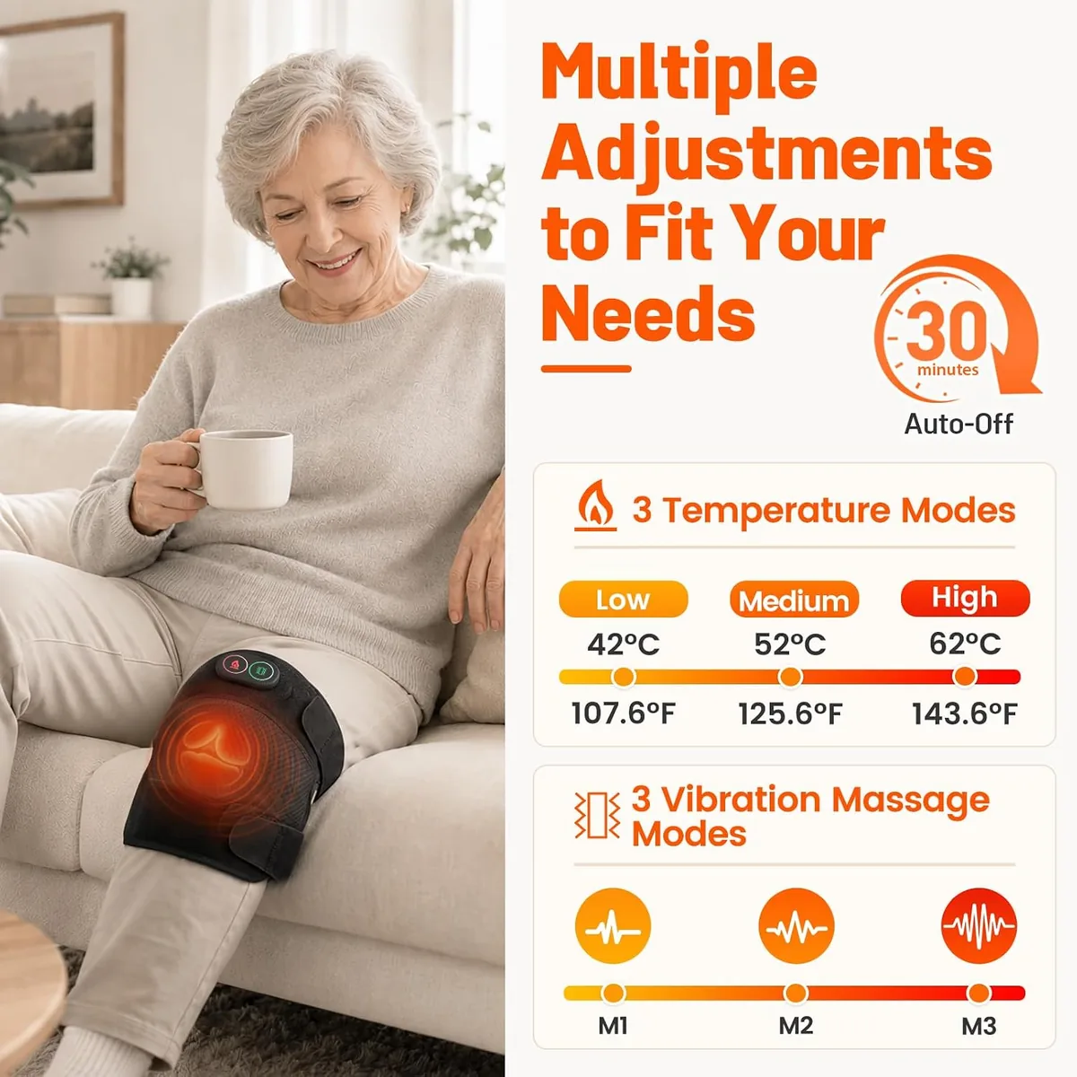 Three heat levels and three vibration massage modes