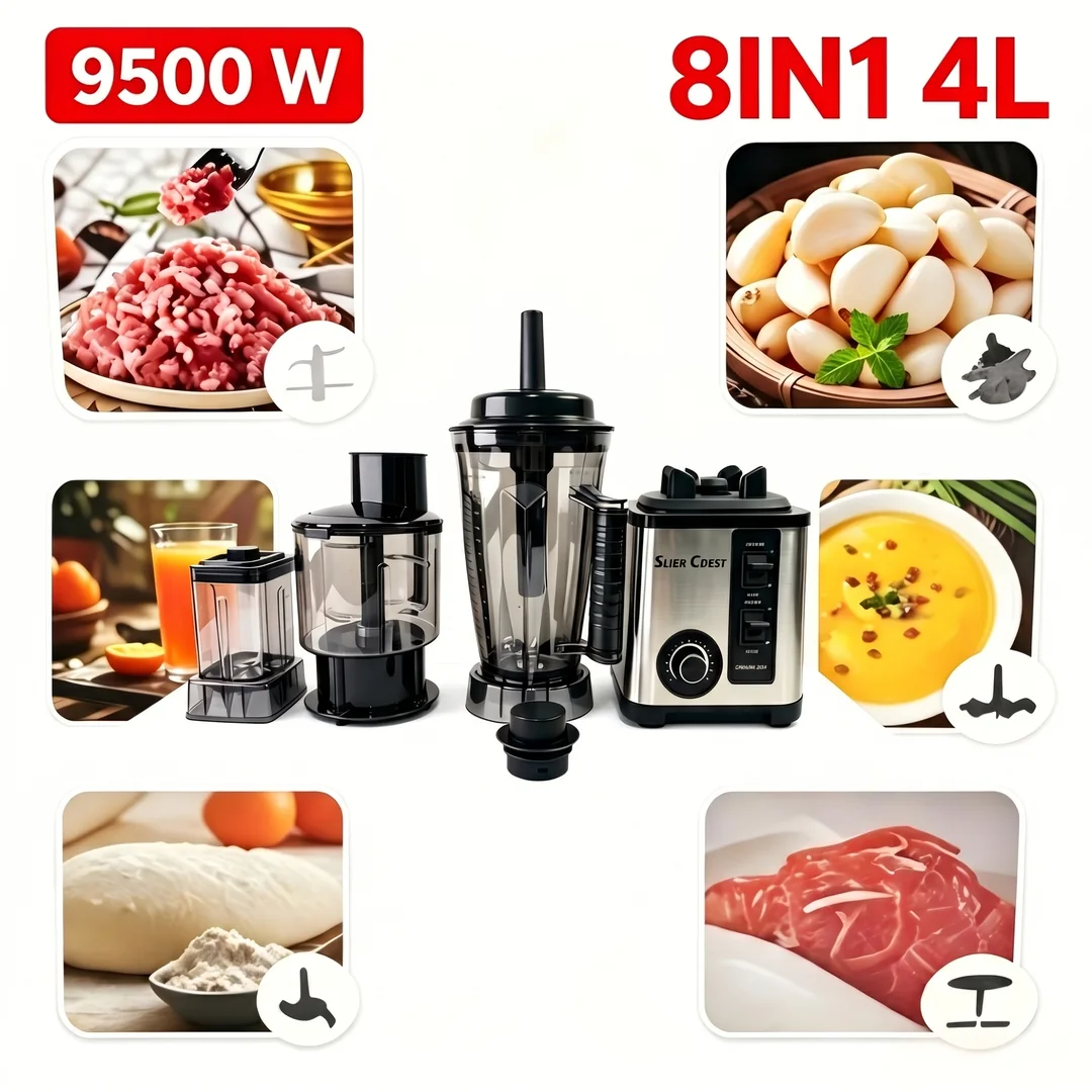 All 8 attachments — egg beater, slicing blades, dough, juicing, garlic peeling